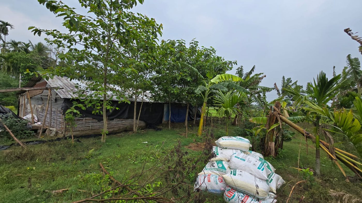 Feed sacks stacked by the shed